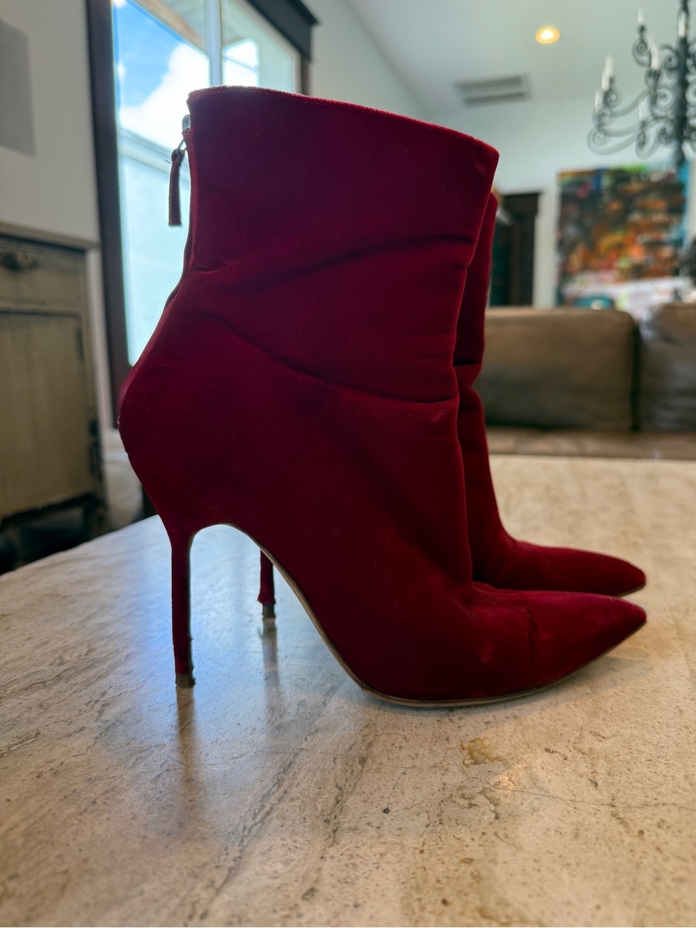 Manolo Blahnik Burgundy Velvet Pointed-Toe Stiletto Booties